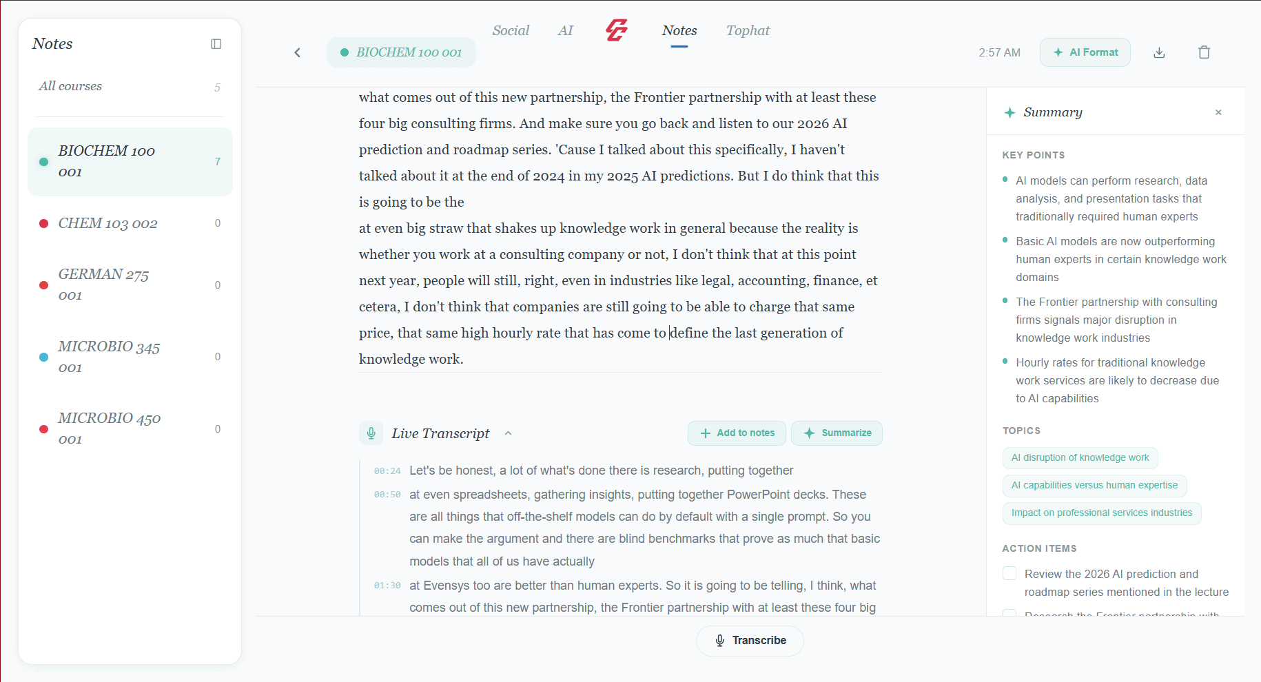 CampusConnect notes with AI transcription and live summarization