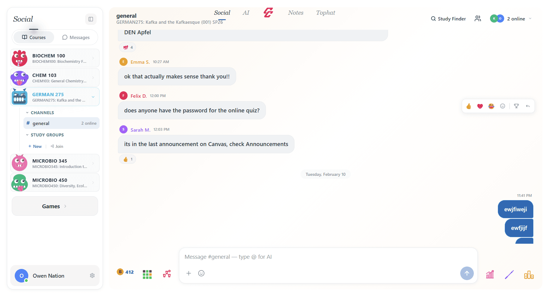 CampusConnect group chat with course channels and reactions