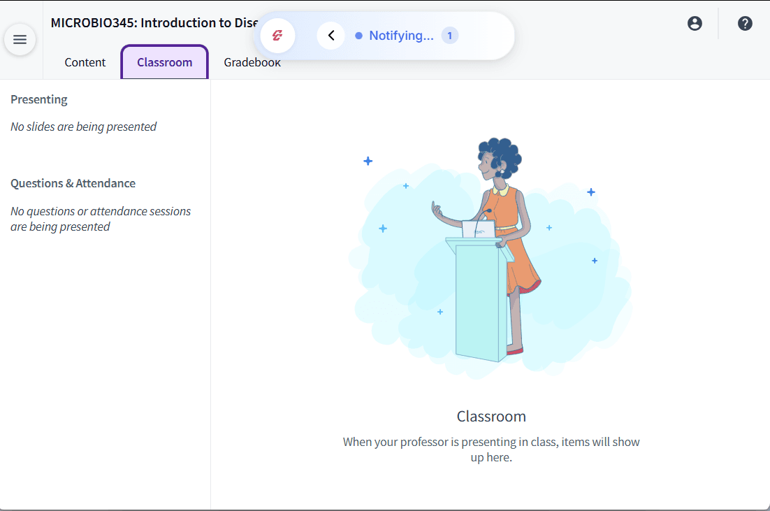 CampusConnect TopHat notifier showing live classroom status